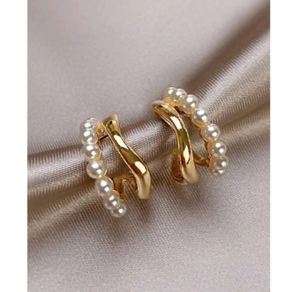 Anthropologie Classy Pearl Stud Half Hoop Earrings